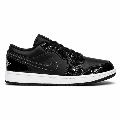 کفش کتانی وارداتی نایک ایر جردن 1 لو مشکی براق سفید Air Jordan 1 Low