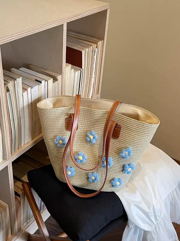 کیف دوشی حصیری زنانه طرح گل مدل گلدوزی شده (کرمی974)