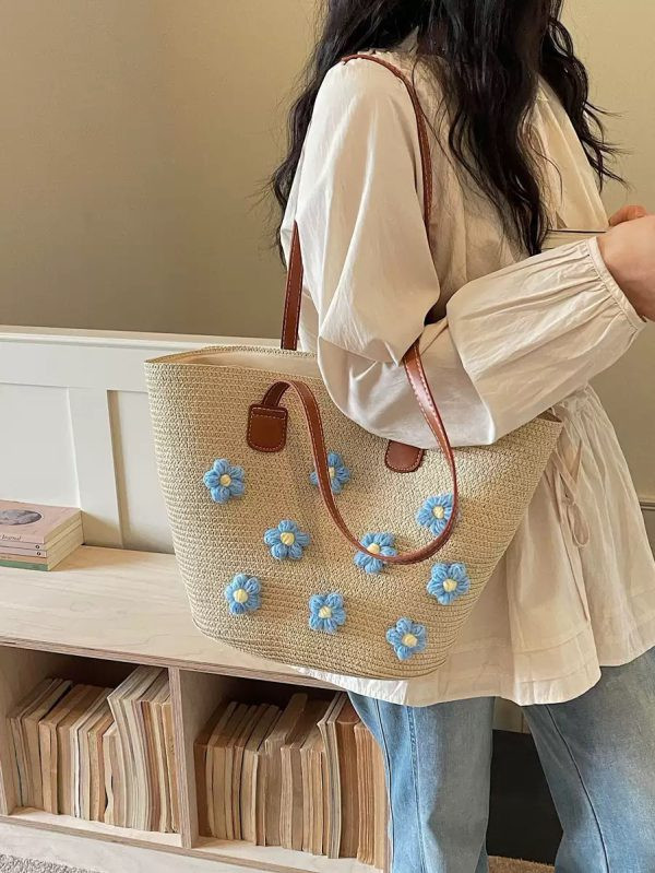 کیف دوشی حصیری زنانه طرح گل مدل گلدوزی شده (کرمی974)