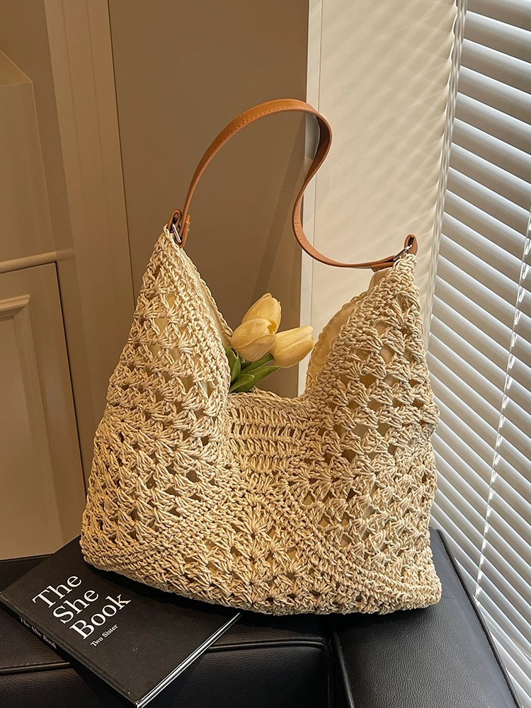 کیف وارداتی دستی زنانه بافت حصیری Raffia Crochet Hobo Bag (روشن 812)