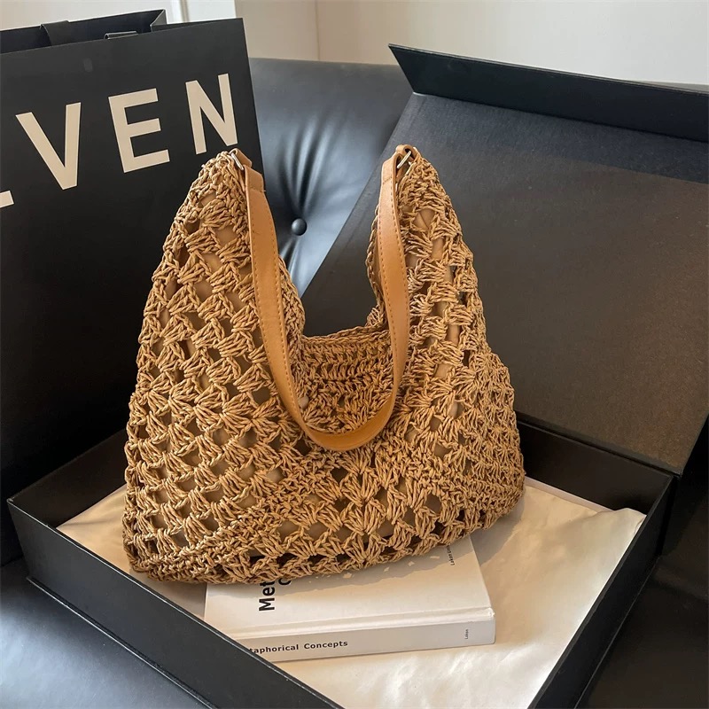 کیف وارداتی دستی زنانه بافت حصیری Raffia Crochet Hobo Bag (تیره 812)