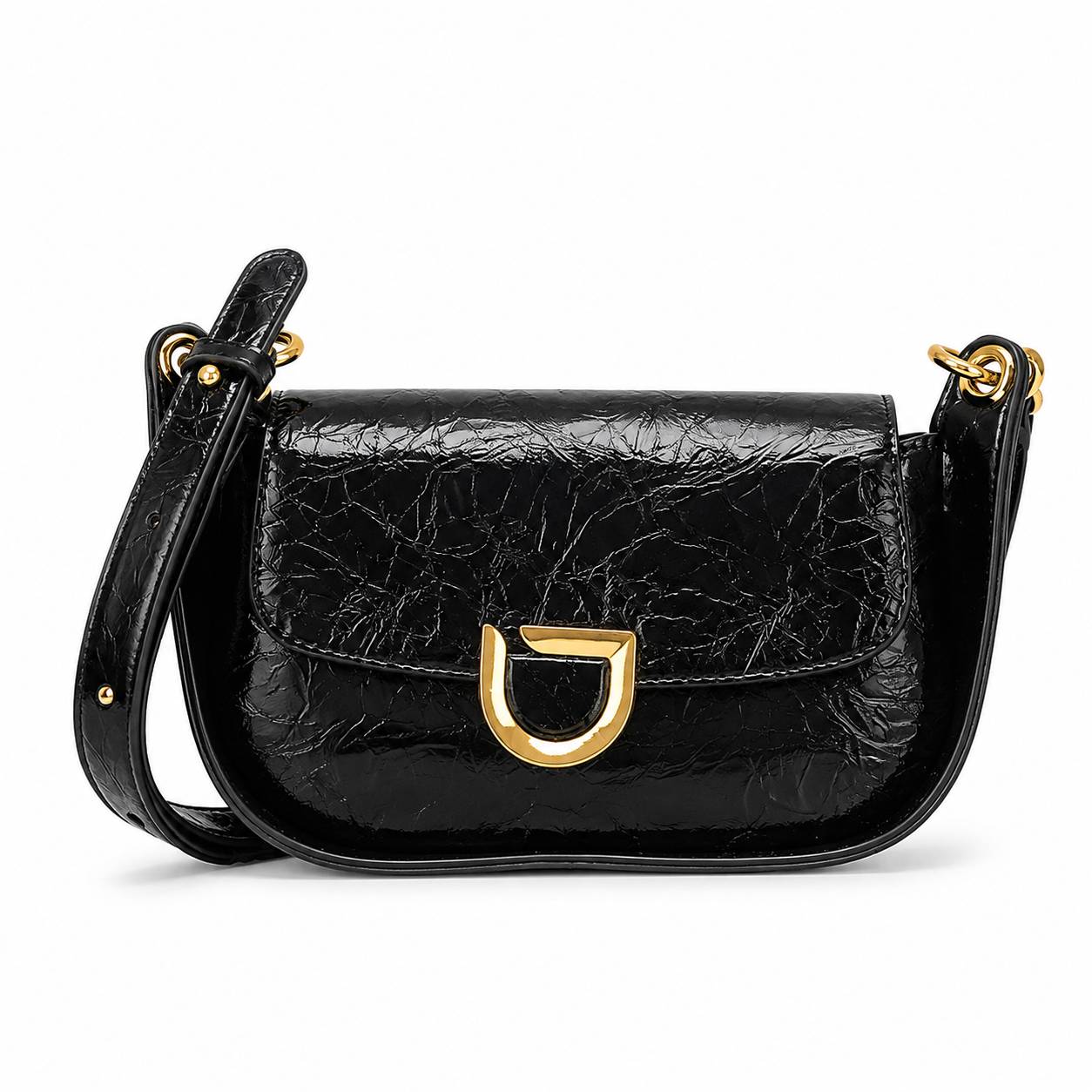 کیف وارداتی دوشی مینیمال چرم چروک ورنی – مدل Luxury D-Buckle (مشکی 922)