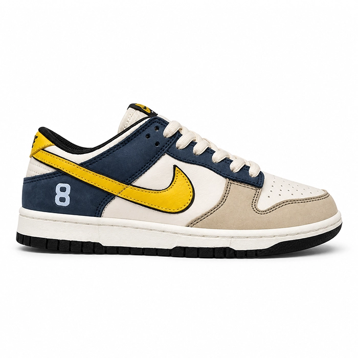 کفش کتانی وارداتی نایک دانک لو مردانه Nike Dunk Low (سرمه‌ای کرم با لوگوی زرد)