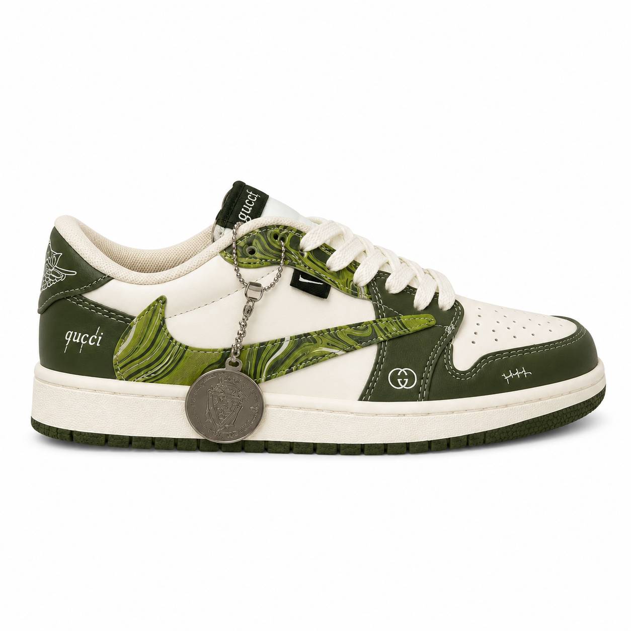 کفش کتانی وارداتی اسپرت جردن 1 لو طرح گوچی Air Jordan 1 Low Gucci (سفید و سبز زیتونی)