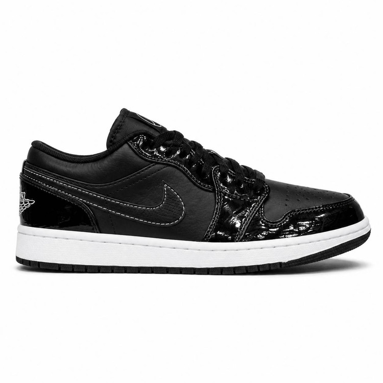 کفش کتانی وارداتی نایک ایر جردن 1 لو مشکی براق سفید Air Jordan 1 Low