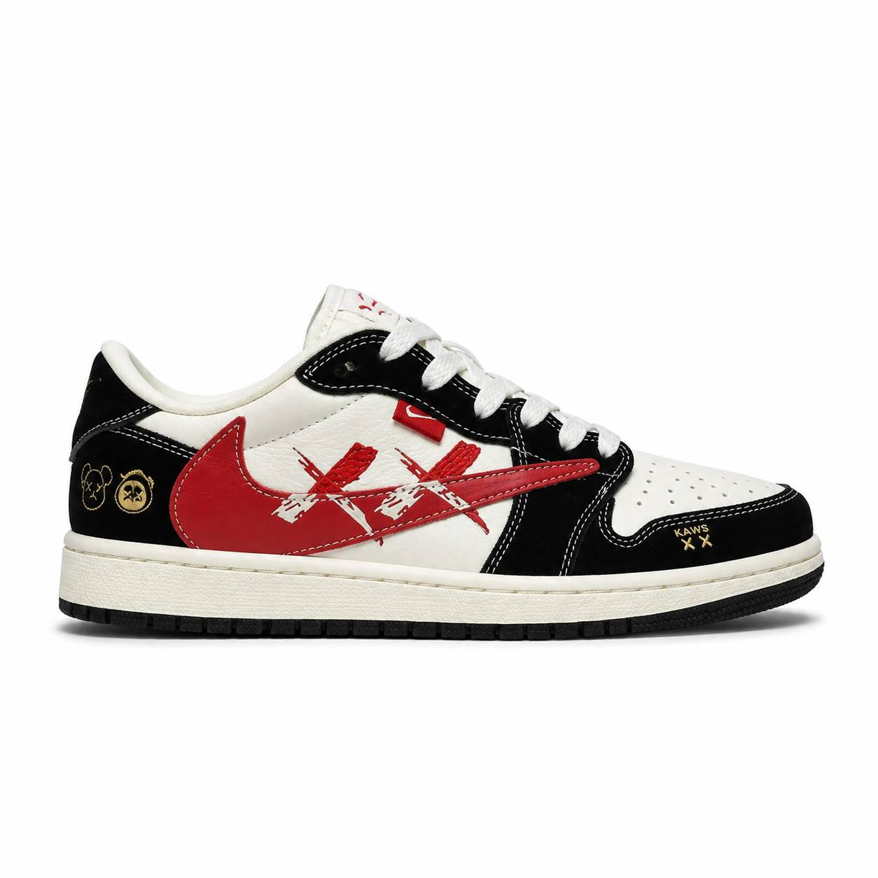 کفش کتانی وارداتی ایر جردن 1 لو تراویس مشکی سفید با جزییات قرمز Air Jordan 1 Low