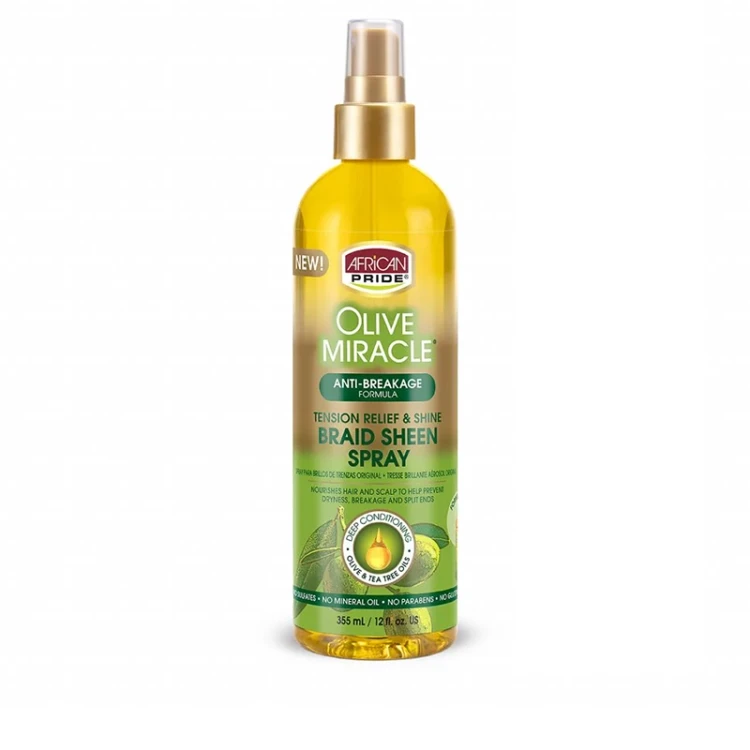 اسپری براقکننده و تسکین دهنده آفریکن پراید African Pride مدل Braid Sheen Spray حاوی روغن زیتون و درخت چای ۳۵۵ میلیلیتر (اورجینال)